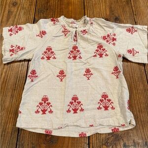 Solitaire Embroidered Linen Blend Peasant Blouse Oatmeal & Red Folk Floral Large
